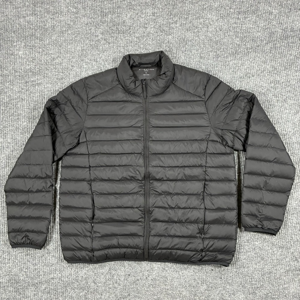 Attention Mens Puffer Jacket Size XL Black Full Zip Quilted Packable Coat